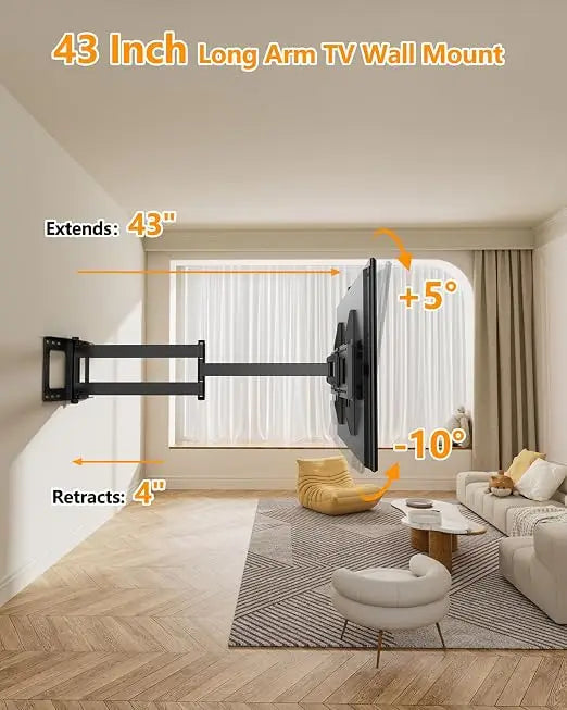 Long Arm TV Mount Full Motion TV Bracket with 42 inch Long Extension Articulating TV Wall Mount for 37 to 80 Inch Flat/Curve TVs, VESA 600x400mm Compatible, Holds up to 100 lbs | Extra Long Arm Extendable TV Mount