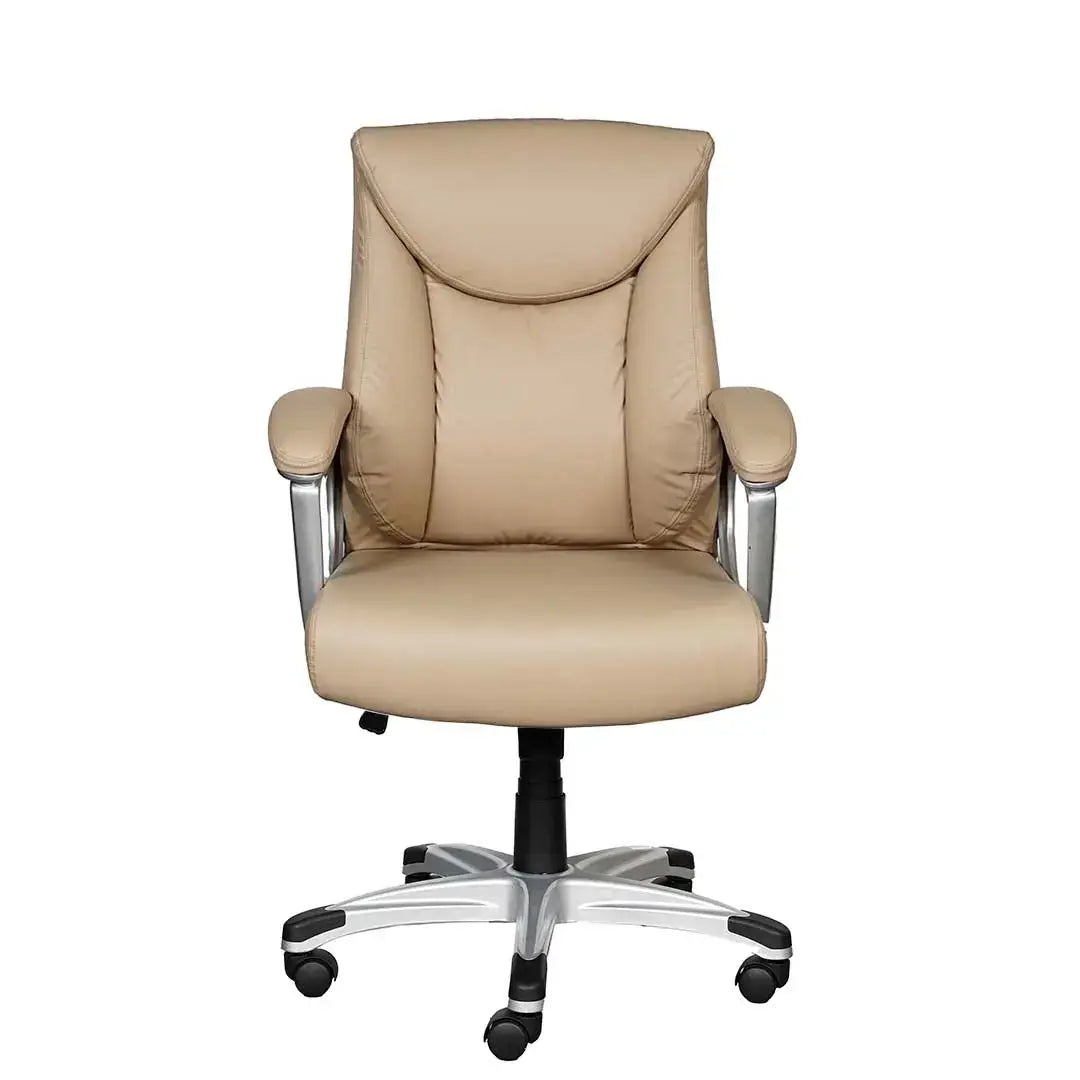Beige low back office chair made of leather with silver metal arms and a five-star base for office use