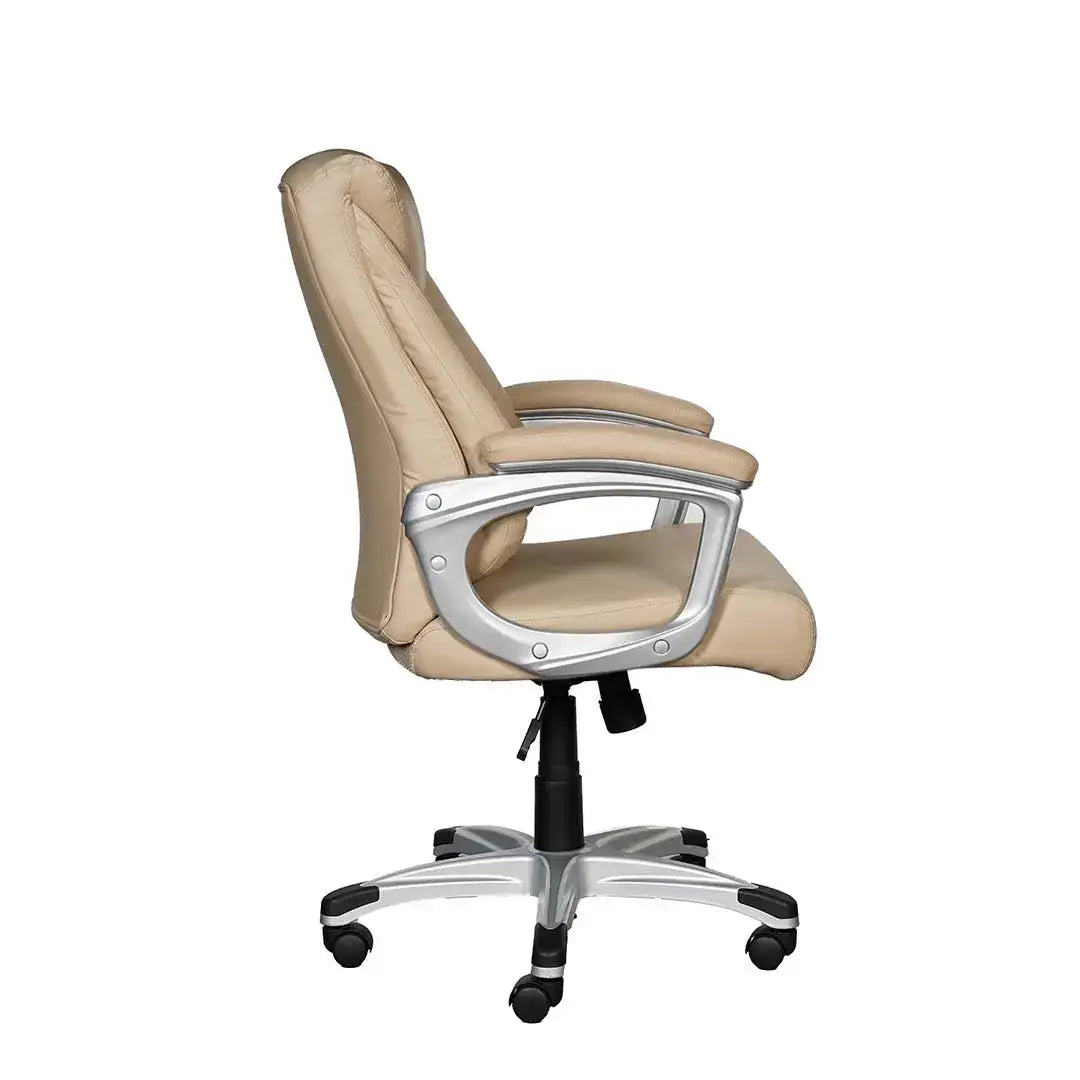 Beige leather low back office chair with silver metal armrests and base designed for workspace comfort