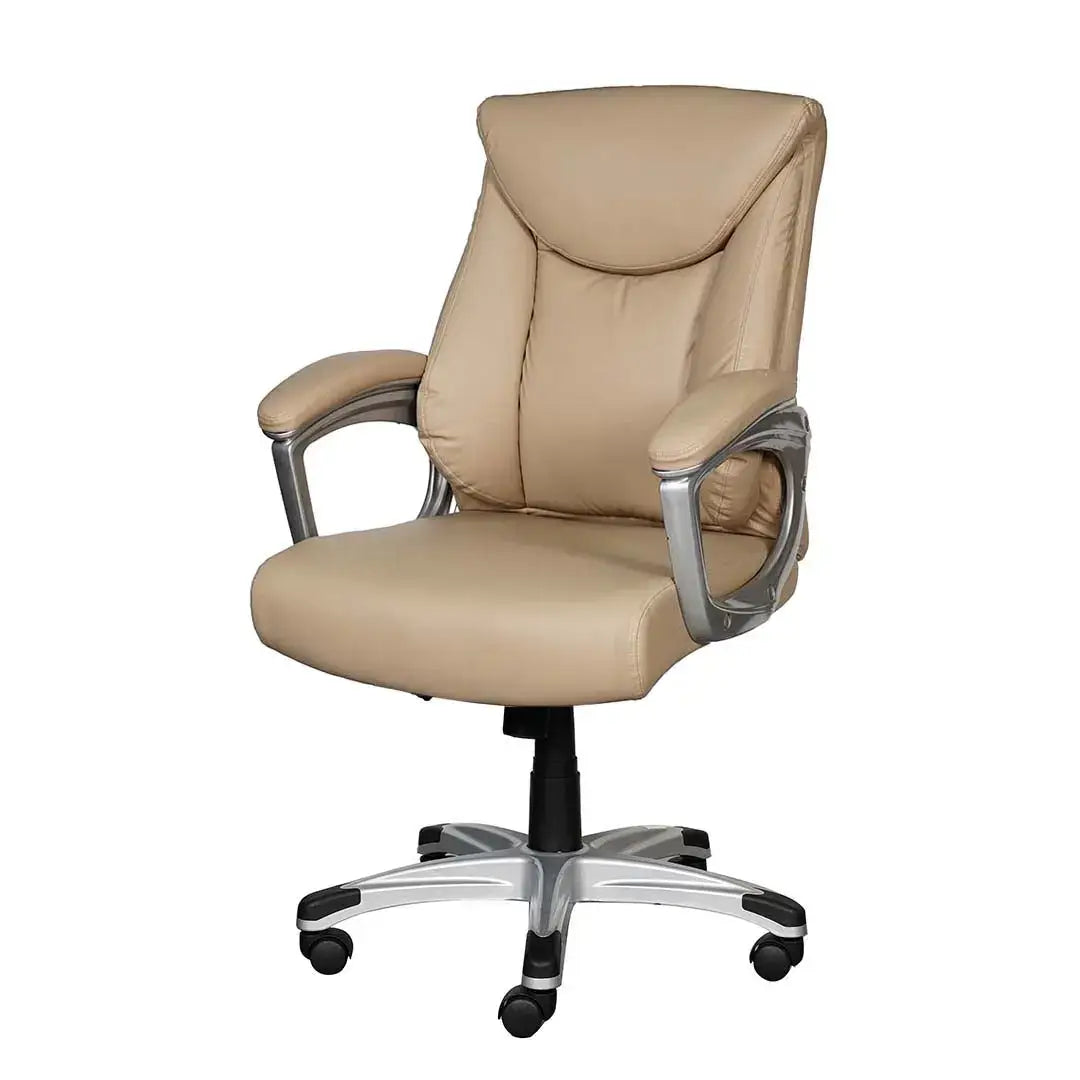 Beige leather low back office chair with silver metal armrests and base for comfortable workspace seating