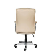 Beige upholstered low back office chair with padded back armrests and chrome base on black casters for office use
