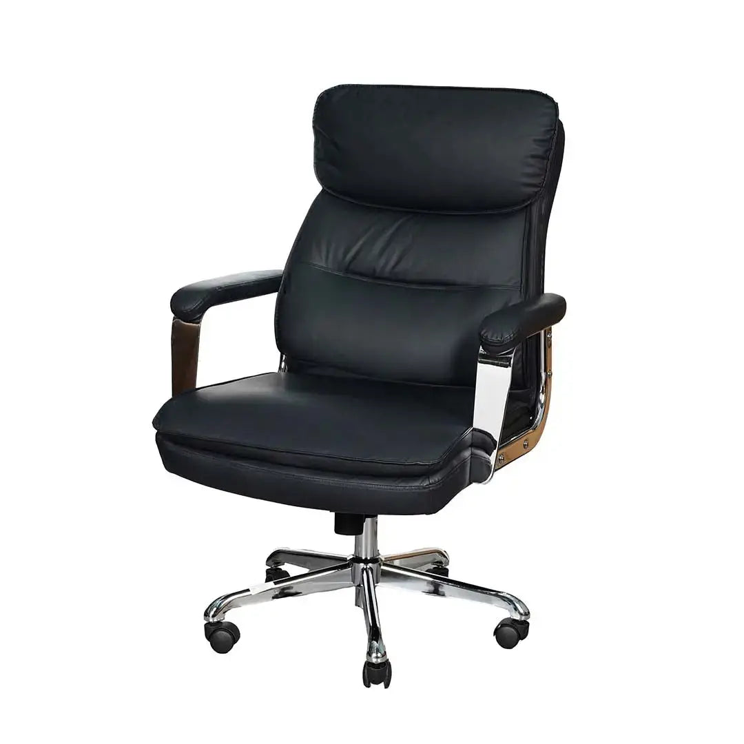 Low back office chair in black leather with chrome base and wooden armrest accents for executive use