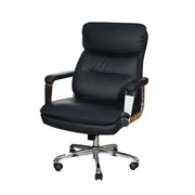 Low back office chair in black leather with chrome base and wooden armrest accents for executive use