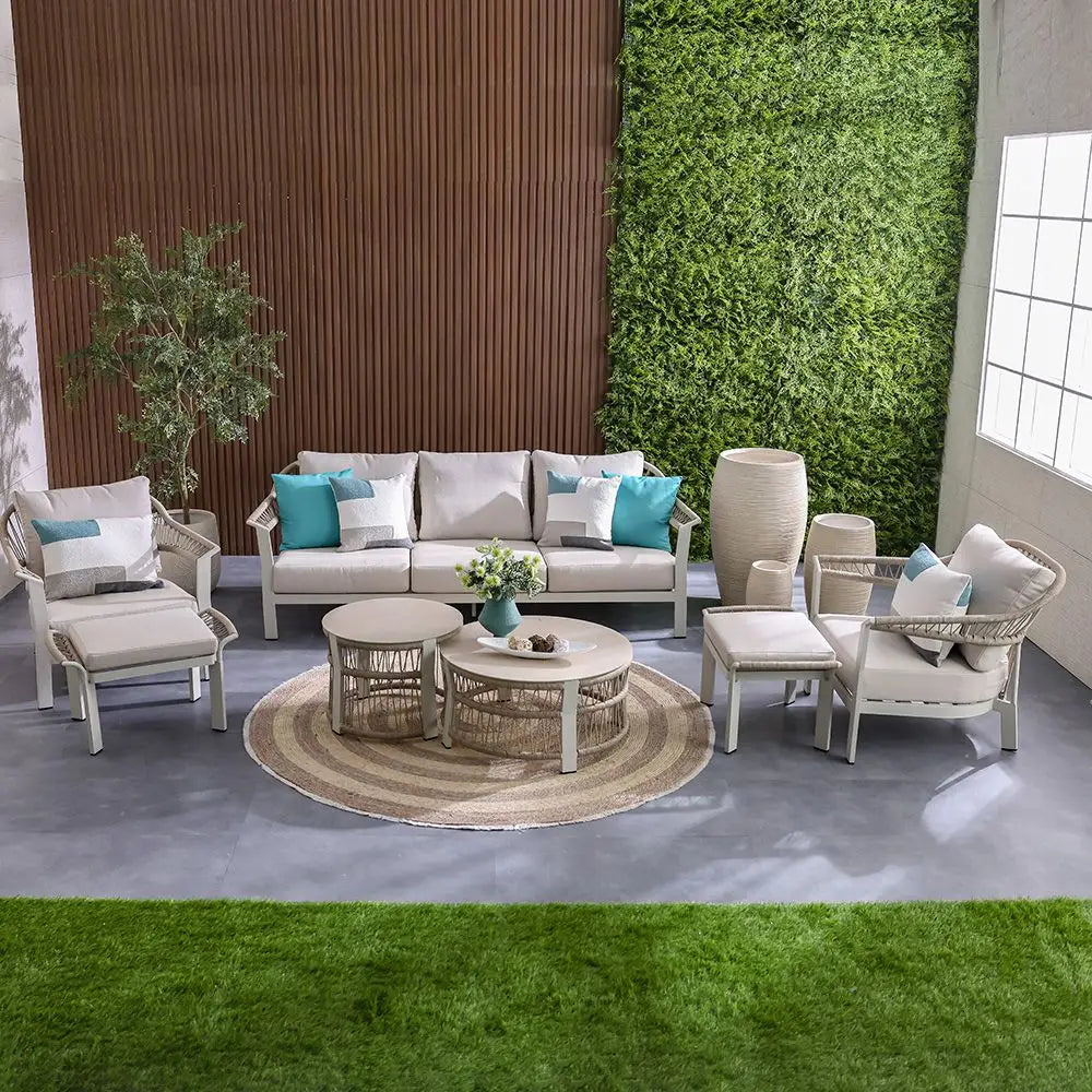 Luxury 5-Seater Aluminum Rope Sofa Set with 2 Tables – Beige