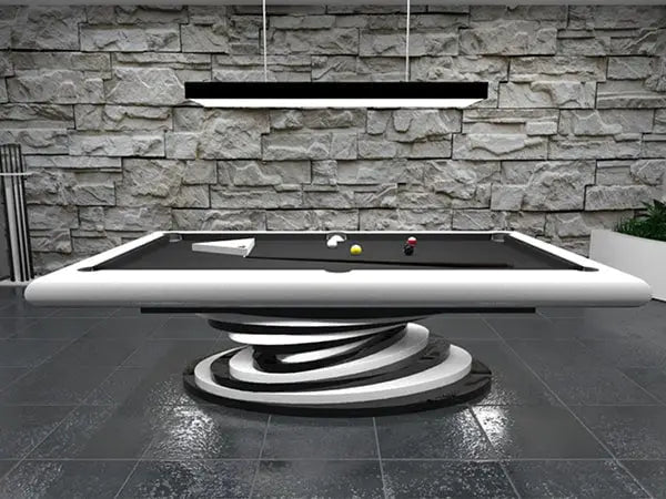 Luxury Europa Everest modern 8ft pool table with black and white finish and sleek spiral base drop pocket design
