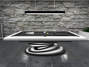 Luxury Europa Everest modern 8ft pool table with black and white finish and sleek spiral base drop pocket design