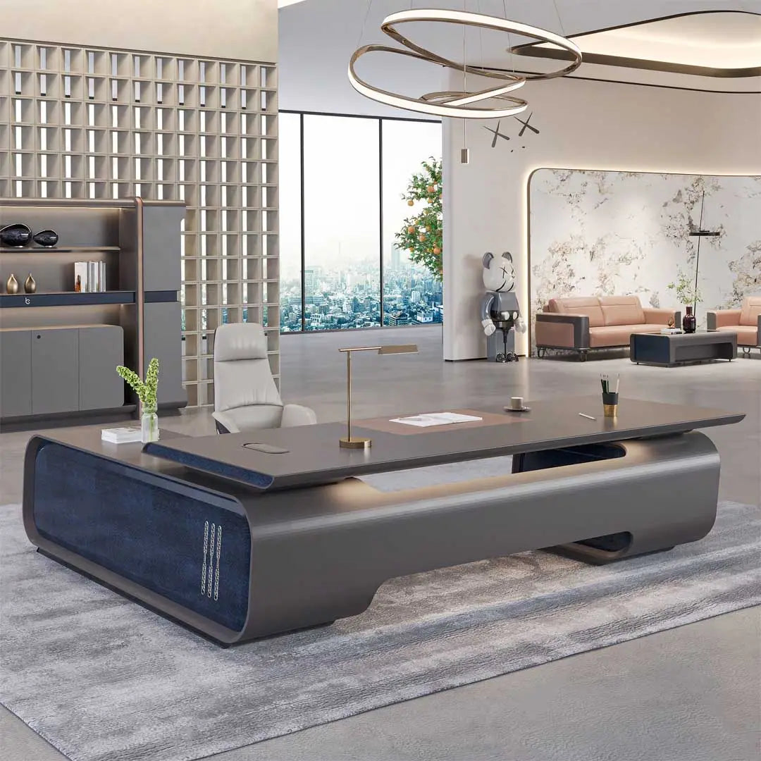 Luxury Executive Office Table, 2-Cupboards With a Handle-Free Design For a Modern Look - Grey-GCC Home Center