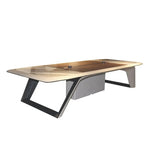 Load image into Gallery viewer, Modern rectangular coffee table with translucent amber glass top and angular black metal legs for luxury office use
