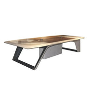 Modern rectangular coffee table with translucent amber glass top and angular black metal legs for luxury office use