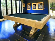 Luxury handicraft 8ft pool table with natural oak finish, dark green felt surface, and elegant sturdy legs