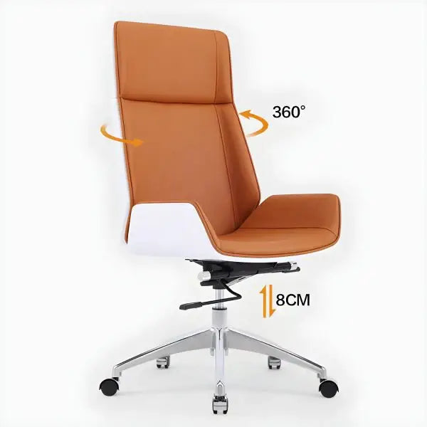 Luxury high back executive office chair in brown leather with white side panels and chrome base for modern office use