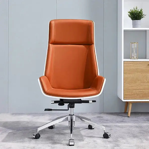 Luxury high back executive office chair in orange leather with white trim and chrome base for modern office use