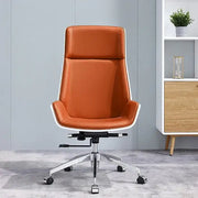 Luxury high back executive office chair in orange leather with white trim and chrome base for modern office use