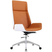 Luxury high back executive office chair with tan leather seat and white plastic accents on chrome base for modern office