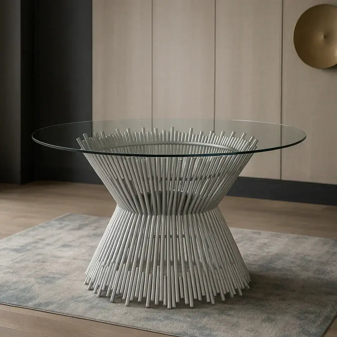 Luxury Metallic Finish Tempered Glass Top Prism Dining Table