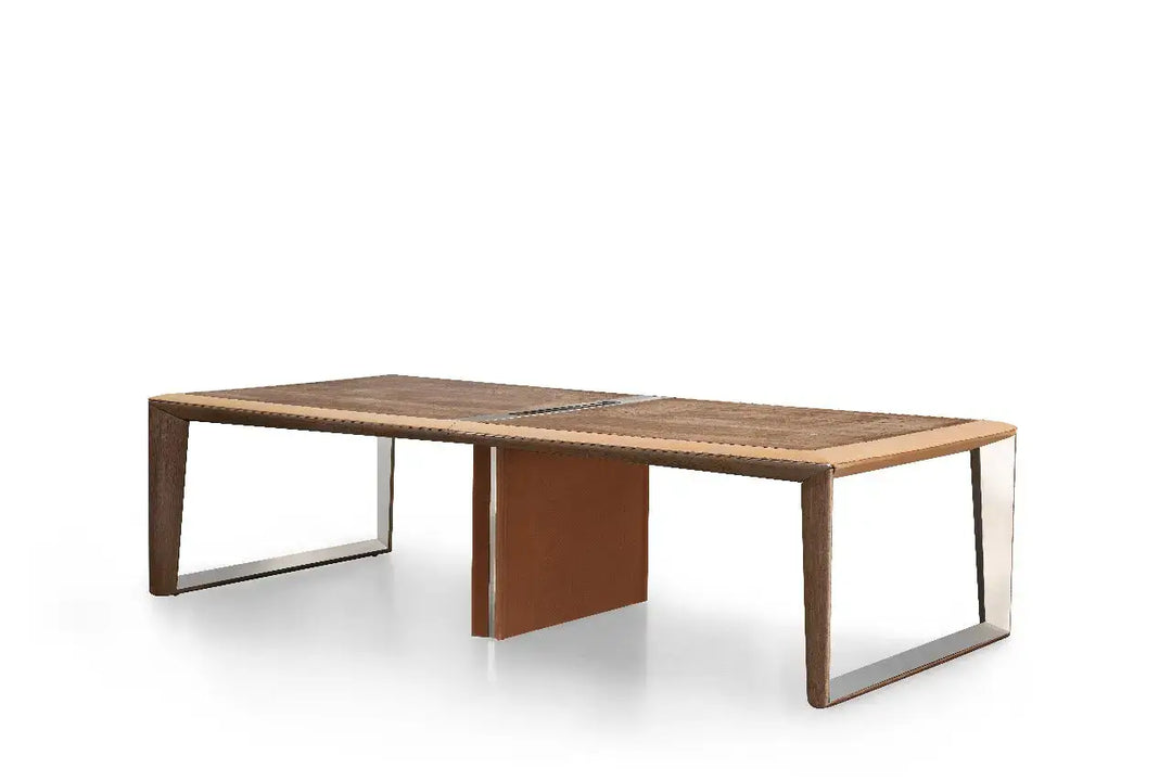 Luxury modern wooden conference room table with warm brown wooden top and sleek metallic legs for office use