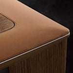 Load image into Gallery viewer, Luxury modern wooden conference room table with tan leather top stitching and wood-grain inset on wooden desk