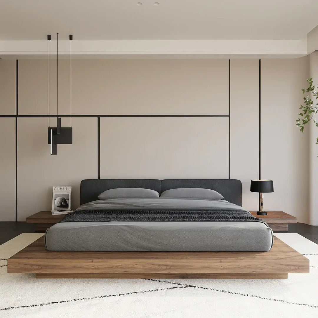 Luxury Solid Wood Japanese Platform Bed With Built-In Nightstands
