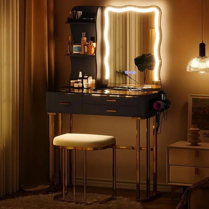 Makeup Vanity Table with Mirror and Lights- Vanity Desk with Glass Top Design & Charging Station-GCC Home Center