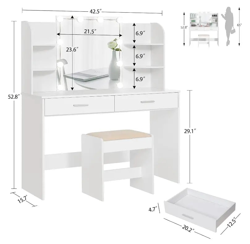 Makeup Vanity with Mirror and 10 LED Lights, Vanity Makeup Table Set with 2 Drawers and Open Shelves-GCC Home Center