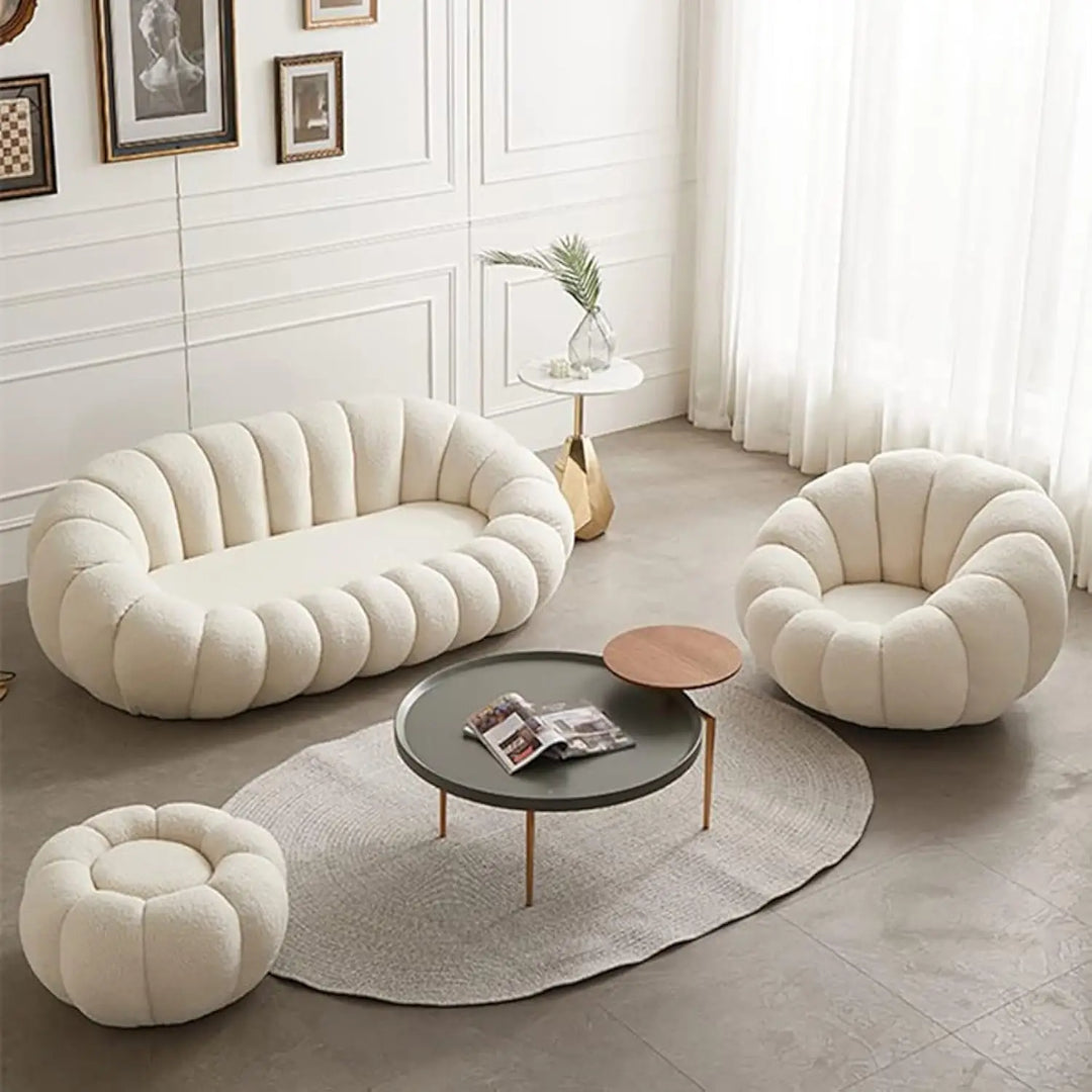 Maple Home Decoration Lamb Fleece Sofa Set Modern Nordic Flower Minimalist Style Sofa for Living Room Furniture (Single Seater & Footstool)