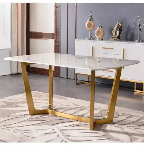 Marble finish dining table with cross gold legs-GCC Home Center