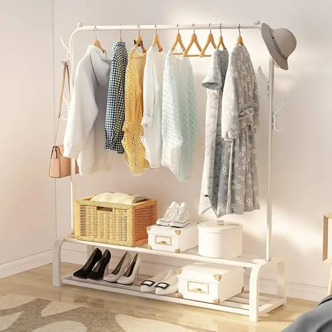 Metal Clothes Rack – Heavy Duty Hanger with Storage Shelf & Side Hooks (White)