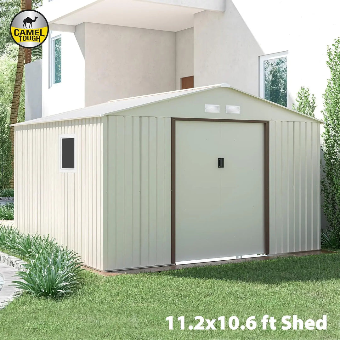 CamelTough Outdoor Metal Storage Shed, 11.2x10.6 feet, Garden Metal Shed. Perfect for Storing Patio Furniture, Garden Tools. Garage Organizer, Weather Resistant. With warranty. Beige, CT-644