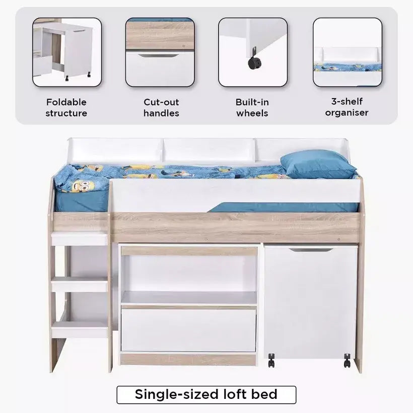 Mid Sleeper Single Bed with Study Desk and Storage - 90x190 cm-GCC Home Center
