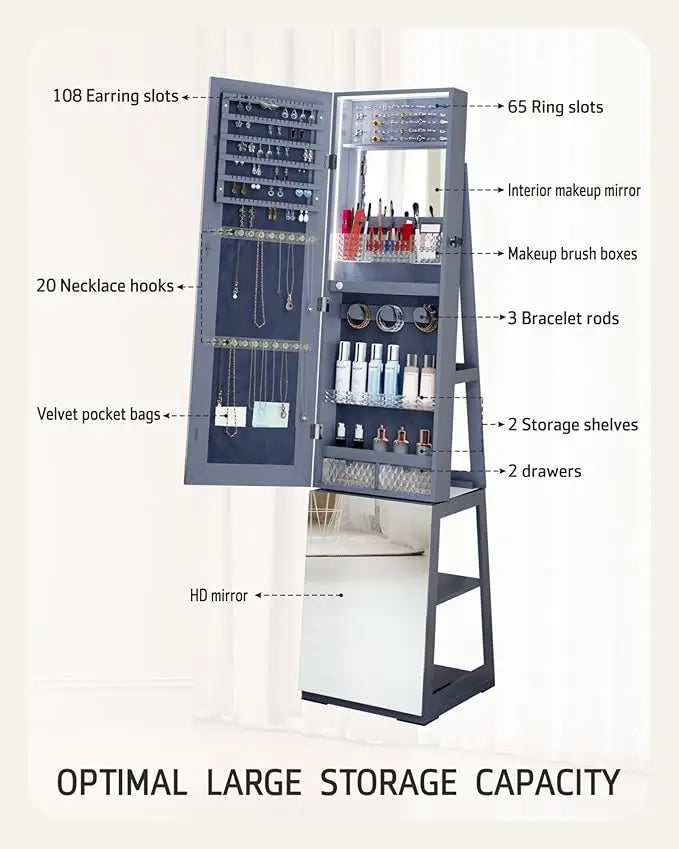 Mirror Jewelry Cabinet with Storage – 360° Swivel Jewelry Armoire, Light And Shelves
