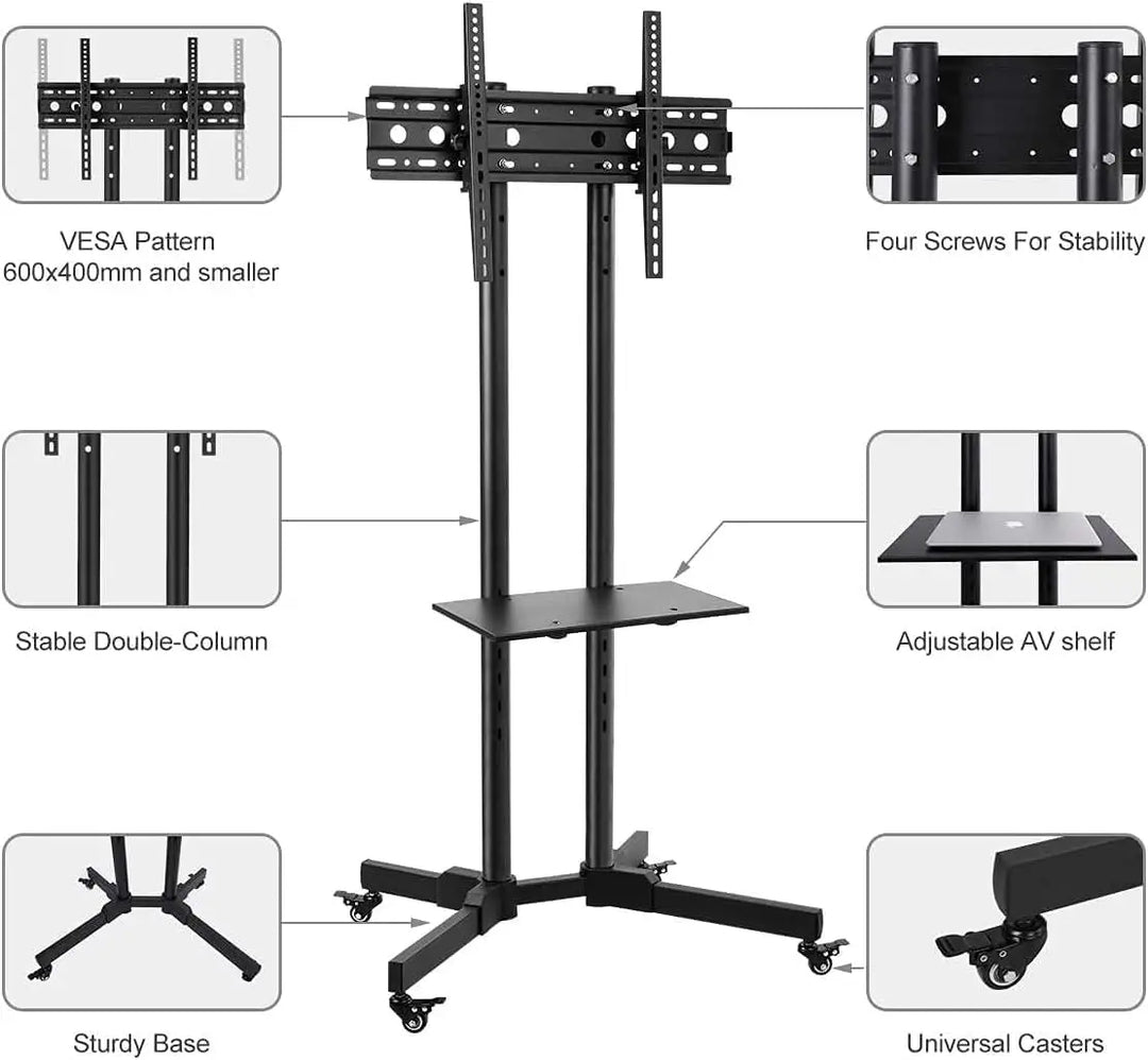 COOLBABY Mobile Rolling TV Cart with Lockable Wheels for 32-65inch LED Screen AV Carts & Stands, Tall TV Stand with Mount Height Adjustable Floor TV Stand Holds Up to 50KG Max VESA 600x400mm (Black)