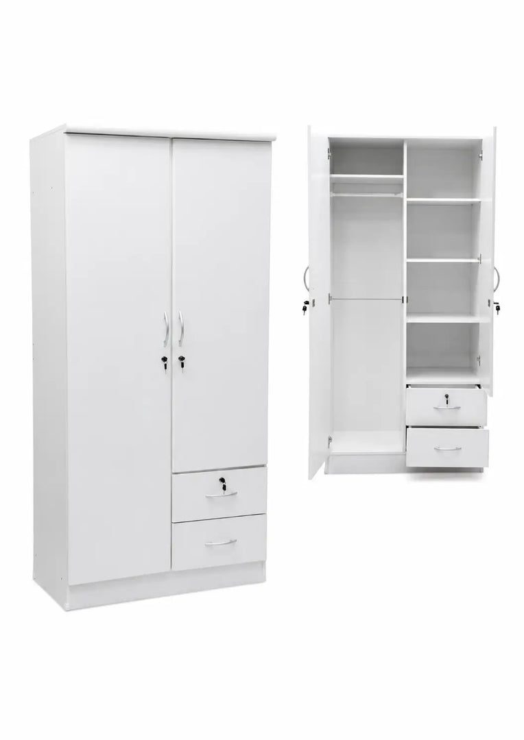 Modern 2-Door White Wooden Wardrobe with Lockable Drawers - Adjustable Shelves, Durable Engineered Wood Design