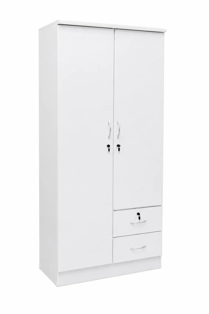 Modern 2-Door White Wooden Wardrobe with Lockable Drawers - Adjustable Shelves, Durable Engineered Wood Design