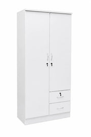 Modern 2-Door White Wooden Wardrobe with Lockable Drawers - Adjustable Shelves, Durable Engineered Wood Design
