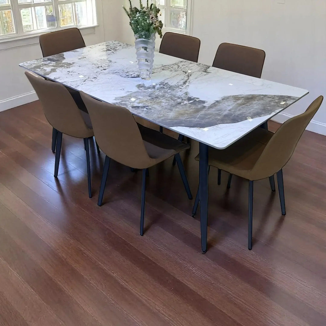 Modern 6 Seater Dining Table Set With Marble Top (Brown)
