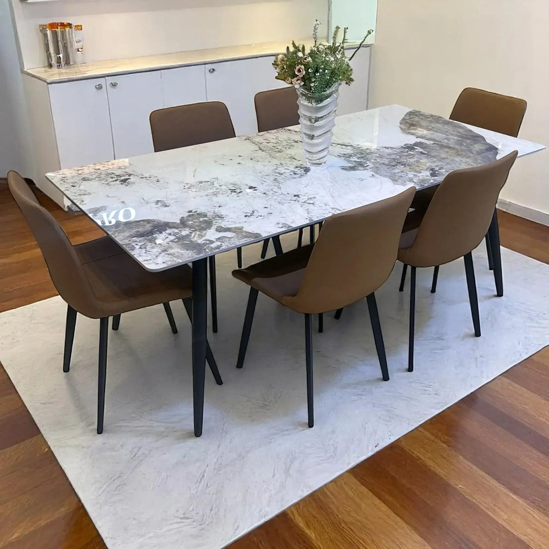 Modern 6 Seater Dining Table Set With Marble Top (Brown)