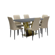 Modern 7-Piece Dining Set with Dark Marble Table & 6 Faux Leather Chairs - Gold Metal Base & Minimalist Design-GCC Home Center