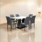 Modern 7-Piece Dining Set with Dark Marble Table & Beige Faux Leather Chairs - Elegant Gold-Toned Base-GCC Home Center