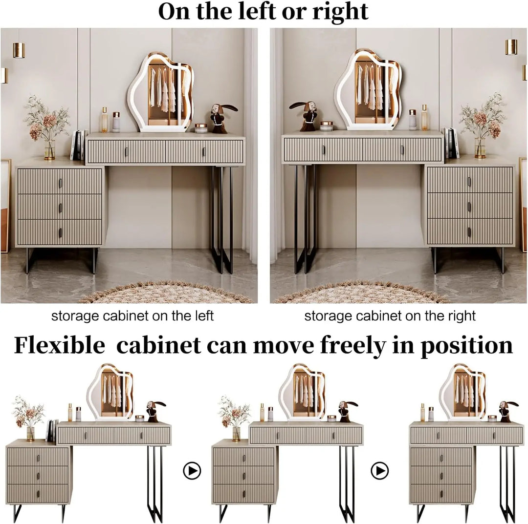 Modern Beige Vanity Desk with Wavy LED Mirror, Drawers, and Storage - Perfect for Makeup, Study, and Consoles-GCC Home Center