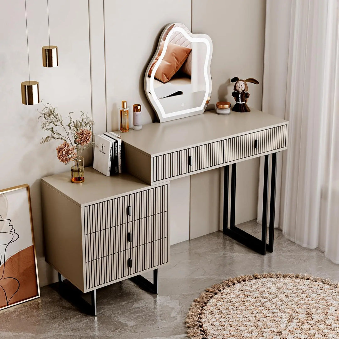 Modern Beige Vanity Desk with Wavy LED Mirror, Drawers, and Storage - Perfect for Makeup, Study, and Consoles-GCC Home Center