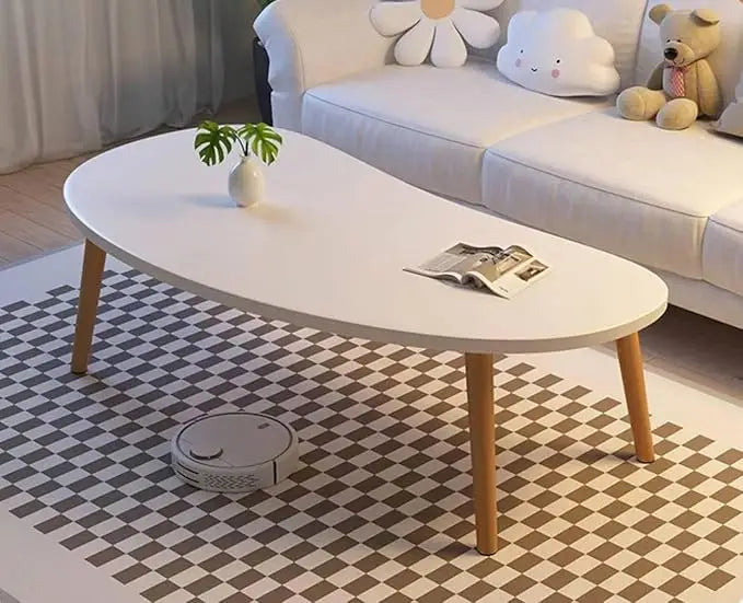Modern Coffee Table – Large Oval Mango Shape for Living Room, Small Spaces, Bedroom & Balcony With Wood Frame – Beige