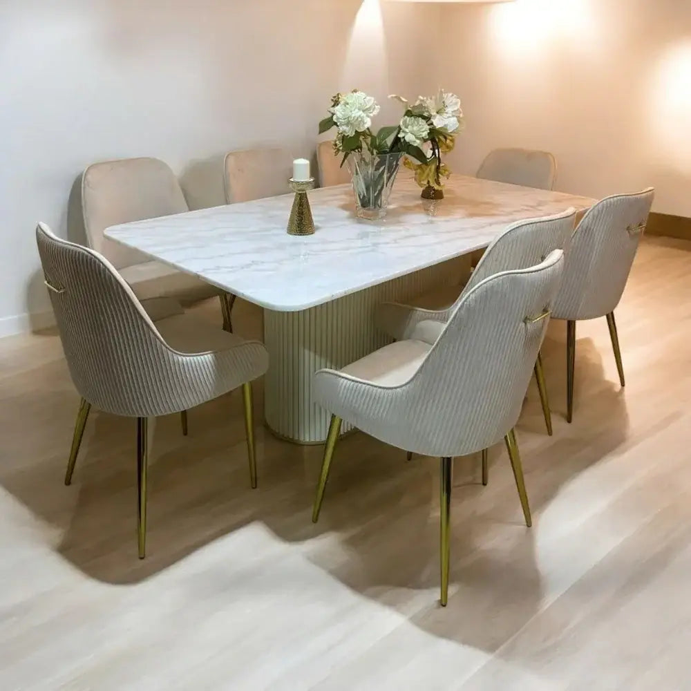 Modern Elegant Dining Table Set - Solid Wood Base with Premium Marble Top ( White )