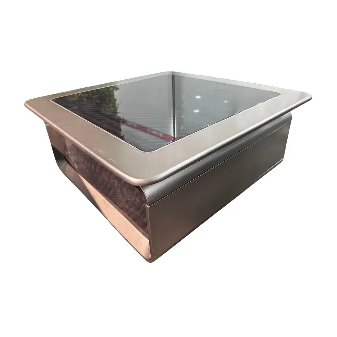 Modern executive side table with stainless steel square sink and reflective glass top with rounded edges