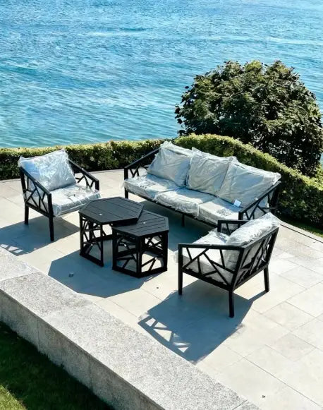 Modern Geometric Outdoor Sofa Set with Hexagonal Coffee Tables – Weather-Resistant Furniture for Middle Eastern Villas, Gardens & Terraces