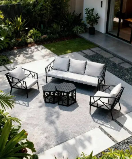 Modern Geometric Outdoor Sofa Set with Hexagonal Coffee Tables – Weather-Resistant Furniture for Middle Eastern Villas, Gardens & Terraces