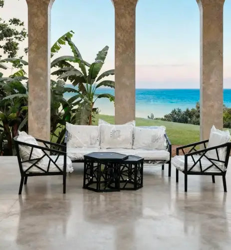 Modern Geometric Outdoor Sofa Set with Hexagonal Coffee Tables – Weather-Resistant Furniture for Middle Eastern Villas, Gardens & Terraces