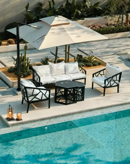Modern Geometric Outdoor Sofa Set with Hexagonal Coffee Tables – Weather-Resistant Furniture for Middle Eastern Villas, Gardens & Terraces