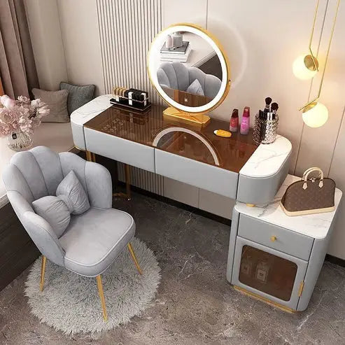 Modern Glass Dressing Table Designed specifically for you, Round Smart Mirror Strong LED Lighting in three Color Modes, and a Comfort Chair - Grey-GCC Home Center