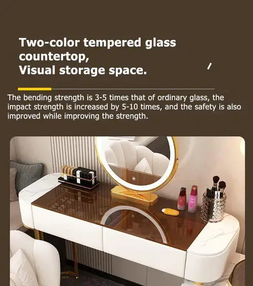Modern Glass Dressing Table Designed specifically for you, Round Smart Mirror Strong LED Lighting in three Color Modes, and a Comfort Chair - Grey-GCC Home Center