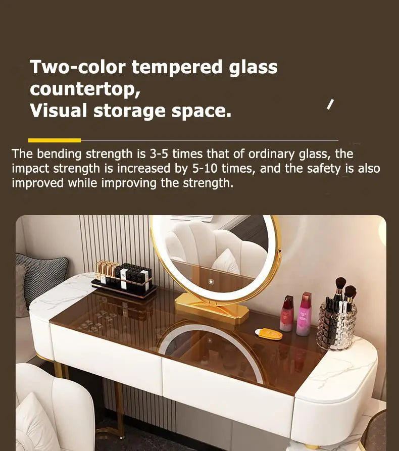 Modern Glass Dressing Table with Round Smart Mirror, 3-Tone LED Lighting, and Comfort Chair - Grey/White-GCC Home Center